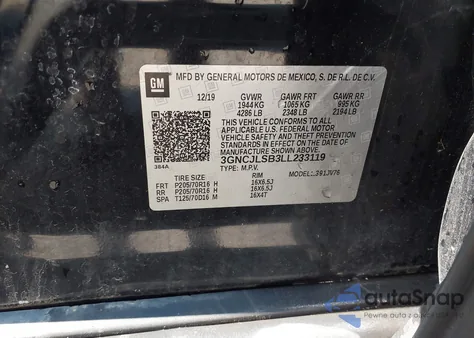 2020 Chevrolet Trax Fwd Lt z USA, uszkodzony, nr VIN 3GNCJLSB3LL233119